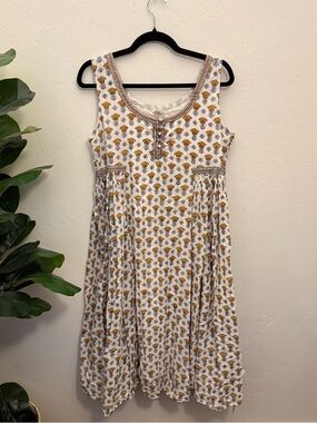 ANOKHI Size Large Floral Hand Block Print Indian Cotton Midi Dress Boho A-line